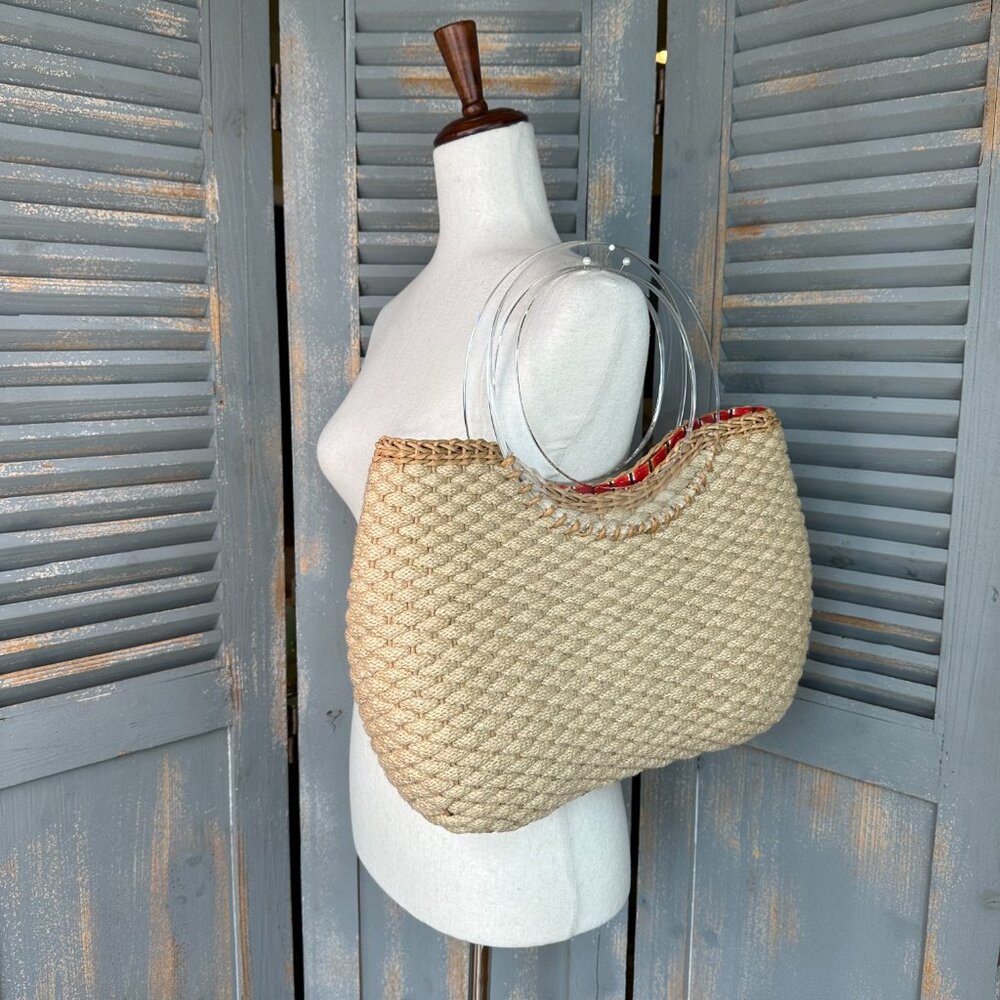 Oscar de la Renta Natural Woven Rope Wicker Ring Lucite Handle Tote Bag  NWOT - Picture 15 of 16